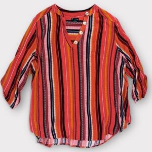 New Directions Tunic Popover Blouse Autumn Red Striped V-neck Roll-tab Sleeve 1x